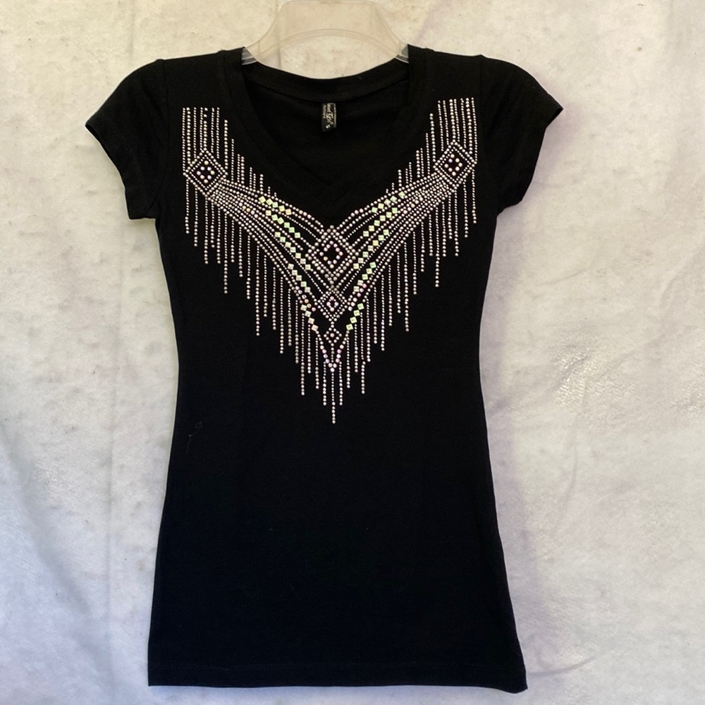 Black Short Cap Sleeve V Neck Bling Pullover T-Shirt